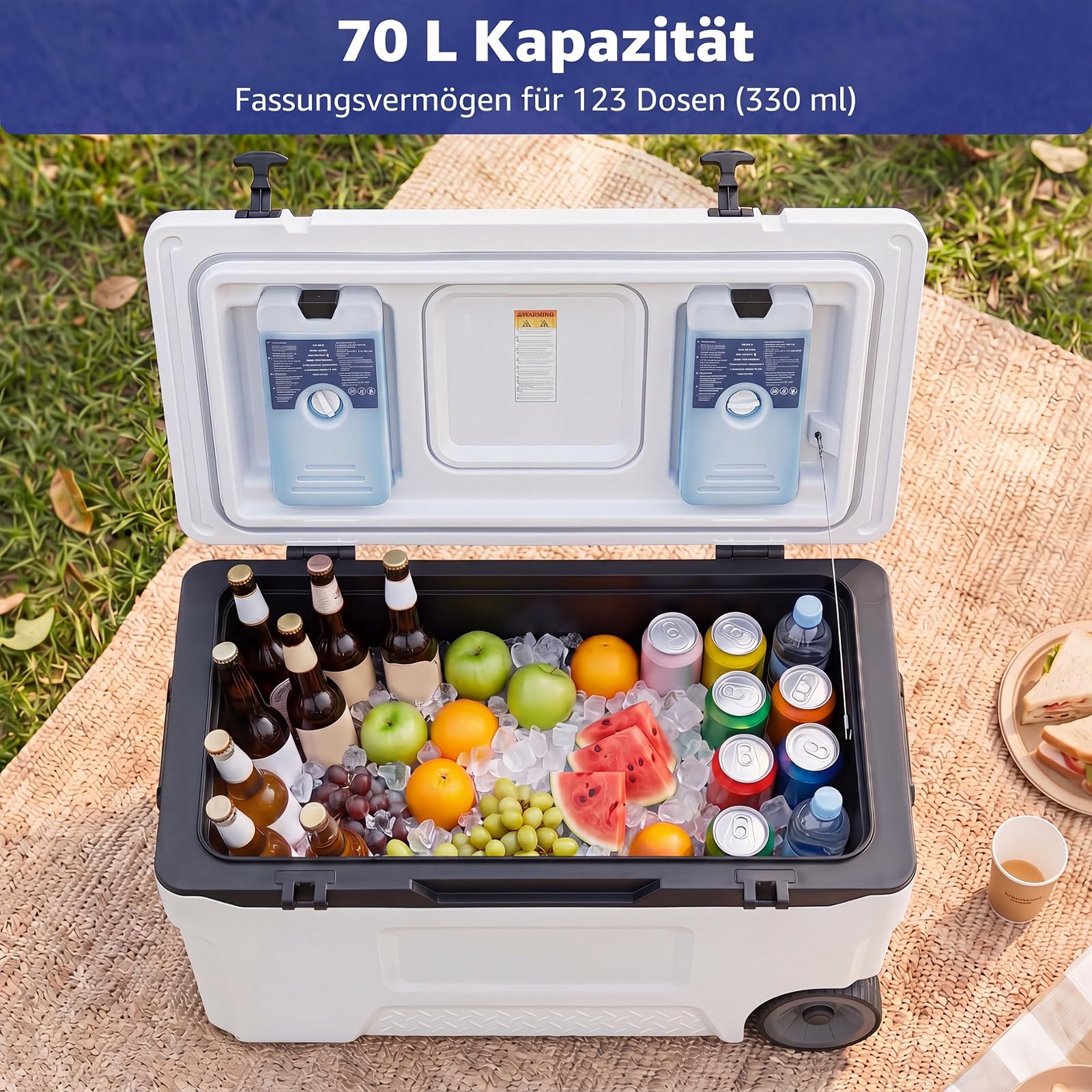 COSTWAY Kühlbox, Große Thermobox aus Kunststoff mit Rollen & Griff, Isolierbox mit Ablaufstopfen, Getränkehalter & Sicherheitsverschluss, tragbarer Kühlschrank für Camping & Picknick