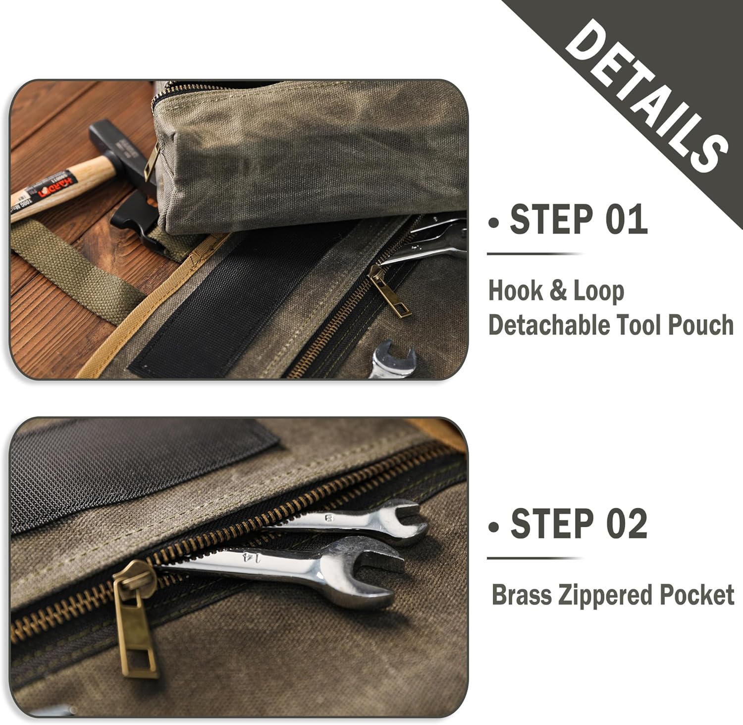 Canvas Tool Roll, Heavy Duty 16oz Waxed Canvas Wrench Roll - with Regular Tool Slots + 2 Zippered Pockets - Army Green, Portable Roll Up Wrench Organizer for Craftsman Contractor Repairman Gardener