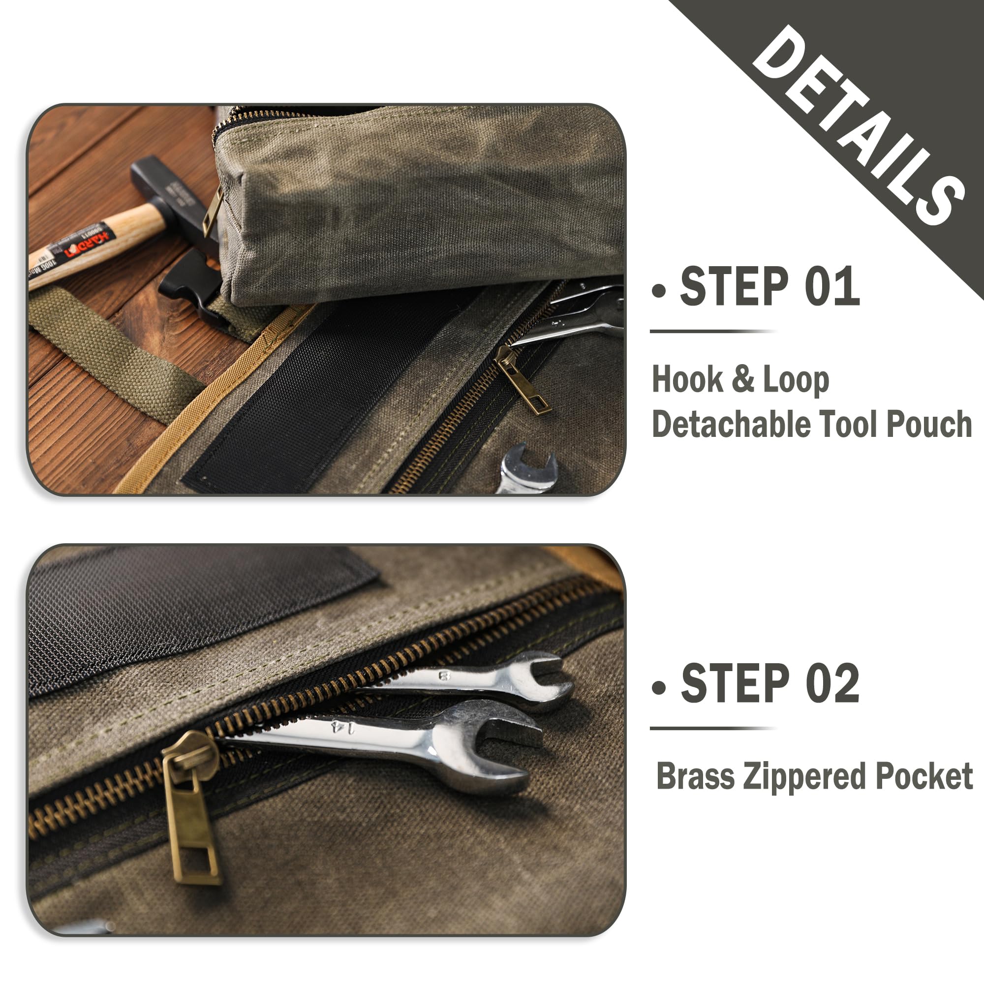 Rouleau d'outils en toile cirée, robuste de 453,6 g – avec 13 emplacements à outils + 2 poches zippées – Vert kaki, organiseur de clés enroulable portable pour artisans, entrepreneurs, réparateurs,