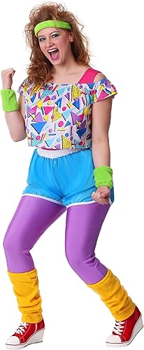 Women's Work It Out 80's Neon Exercise Costume - Leotard, Crop Top, Leggings, Shorts, Leg Warmers, Headband.