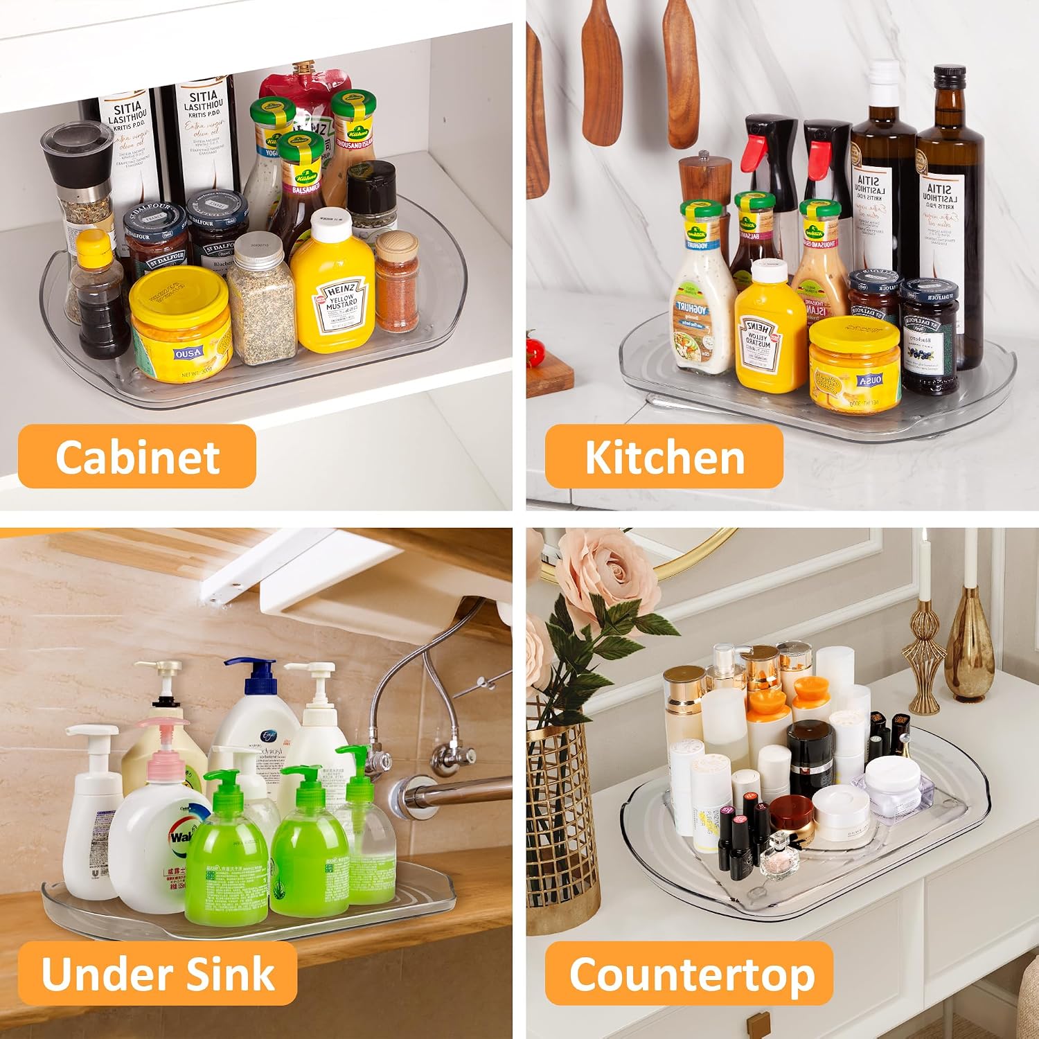 Square Lazy Susan Organizer for Refrigerator, 360° Rotate Rectangle Turntable Organizer and Storage for Fridge, Cabinet, Pantry, Kitchen, Countertop, 15.7'' Clear Fridge Organizer Storage, 1PACK