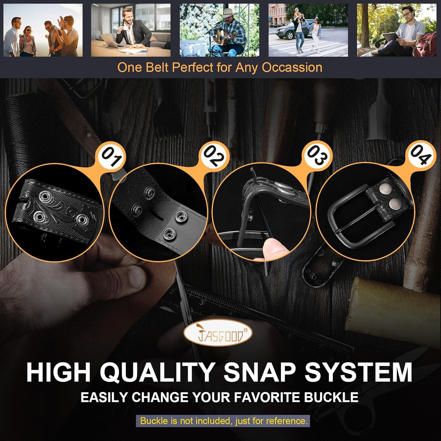 JASGOOD Mens Western Leather Belt Strap Without Buckle 1.5" Vintage Replacement Cowboy Leather Belt Strap with Snap on Buckle - Image 3