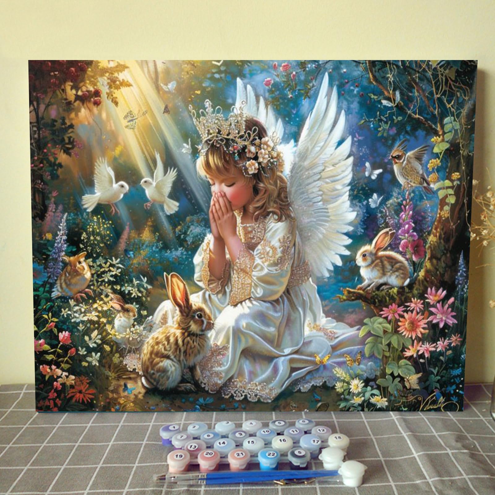 Kit de peinture à l'huile par numéros pour adultes - Motif ange priant dans la forêt - Peinture acrylique sur toile avec fleurs d'animaux mignons - 40,6 x 50,8 cm (cadre à faire soi-même)