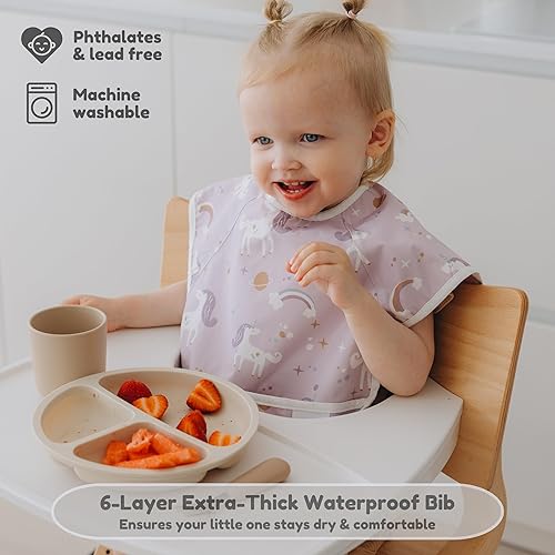 Miniatura 5 de Babero impermeable de 6 capas para bebé, reversible, ajustable, lavable, resistente al aceite de manchas, 6-36 meses, paquete de 2, babero de comida