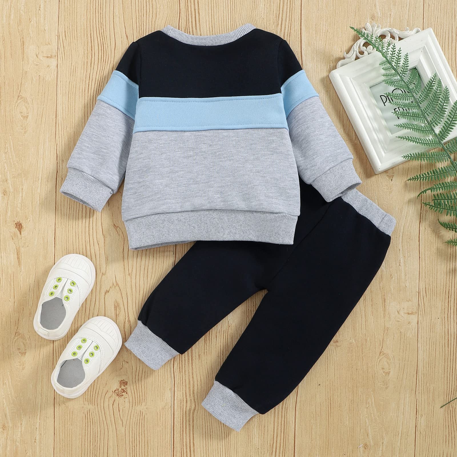 Conjunto de ropa de bebé niño traje infantil sudadera + pantalones 2 piezas, Azul / Patchwork, 18-24 meses