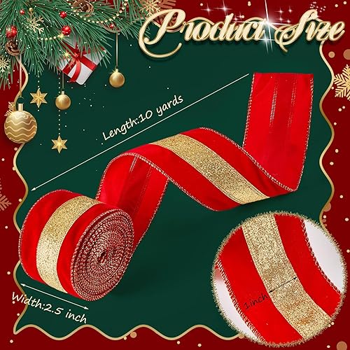 Miniatura 2 de 2 rollos de cinta brillante de Año Nuevo de 10 yardas x 2.5 pulgadas con borde dorado con alambre dorado a rayas doradas, cinta de envoltura con