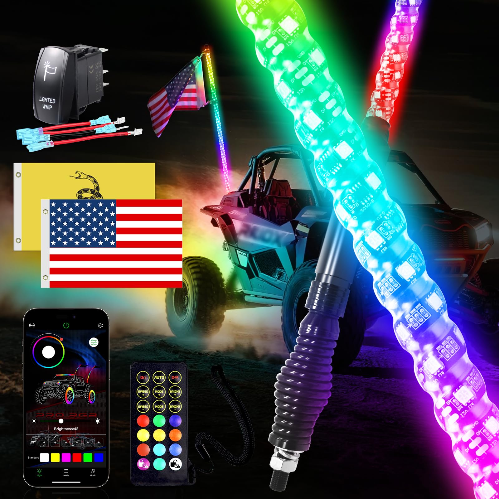 1 pièce de 1 m de lumières LED Whip pour UTV/VTT, APP et télécommande, modes de couleurs changeantes, lumière tout-terrain étanche pour Can-Am, Polaris RZR, buggys de dune, base à ressort