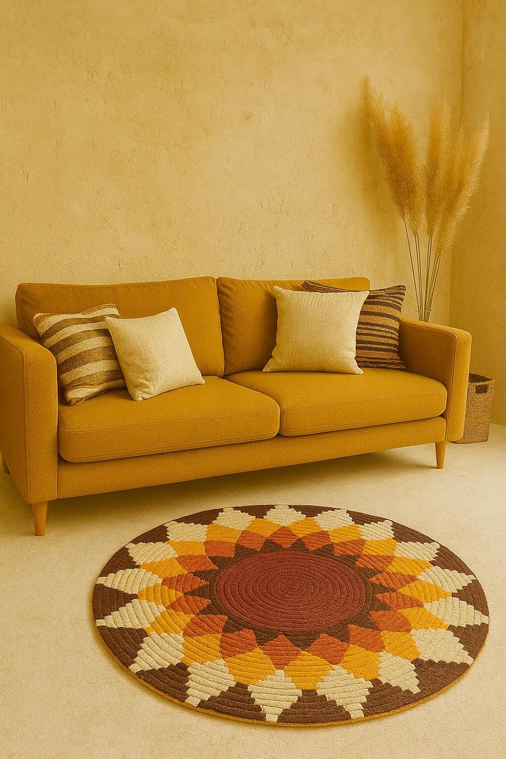Round Geometric Area Rug, Sunburst Mandala Circle Carpet in Brown Yellow Orange Cream, Soft Decorative Floor Rug for Living Room Bedroom, Boho Farmhouse Home Decor-(5X5 ft Round)