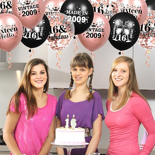 Miniatura 6 de Globos de cumpleaños número 16, 18 globos de oro rosa y negro 2008, decoraciones de fiesta de cumpleaños de 16 para niñas, globos de látex de