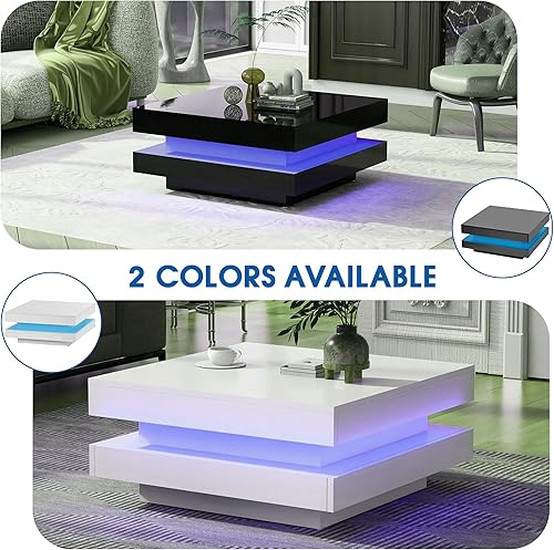 Miniatura 16 de Mesa de centro LED para sala de estar, mesa central cuadrada moderna de 2 niveles, mesa de centro única de alto brillo con luz LED enchufable de 16