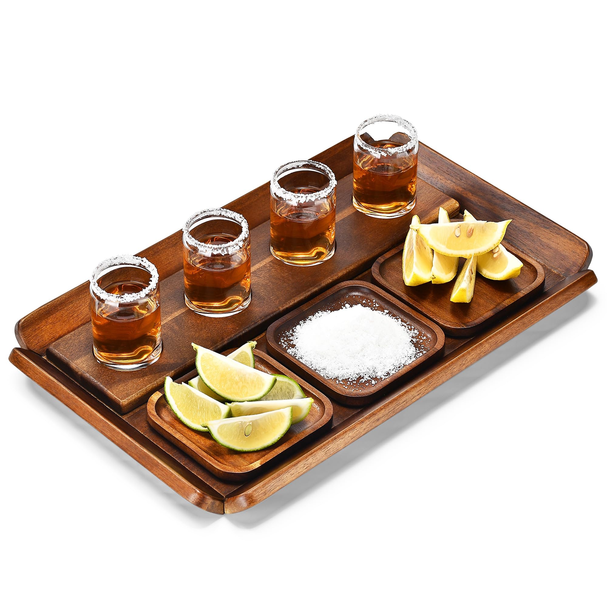 Rustic Wooden Tequila Flight Tray Set – Tasting Board with 4 Shot Glasses & Coasters, Cocktail Sampler for Parties, Home Bar, Men’s Gift, Pairing Kit