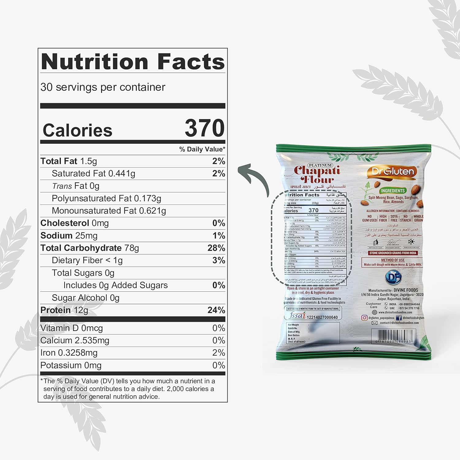 Dr Gluten Platinum Flour with Almonds Gluten Free Wheat Free Vegan Healthy Atta(1 kg)