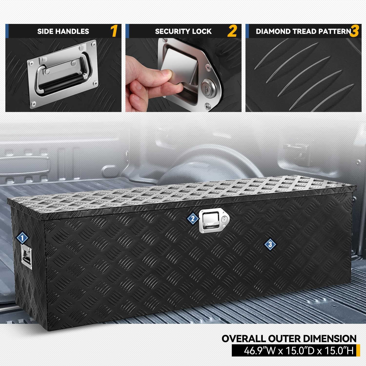 Auto Dynasty Aluminum Tool Boxes Truck Bed Organizer with Recessed Side Handles, Keys with Lock, Hydraulic Lift, 46.9'' W x 15.0" D x 15.0" H, Powdercoated Black Aluminum & Steel