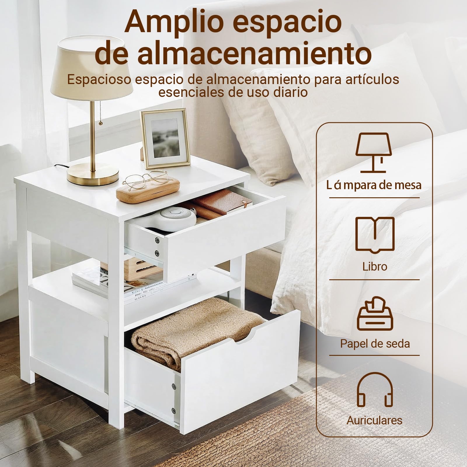 SoBuy Mesita de Noche con 2 cajones y Estante, Mesa Auxiliar, Moderno Mesa de Noche Dormitorio, 45 x 38 x 55 cm, Blanco, FRG258-II-W