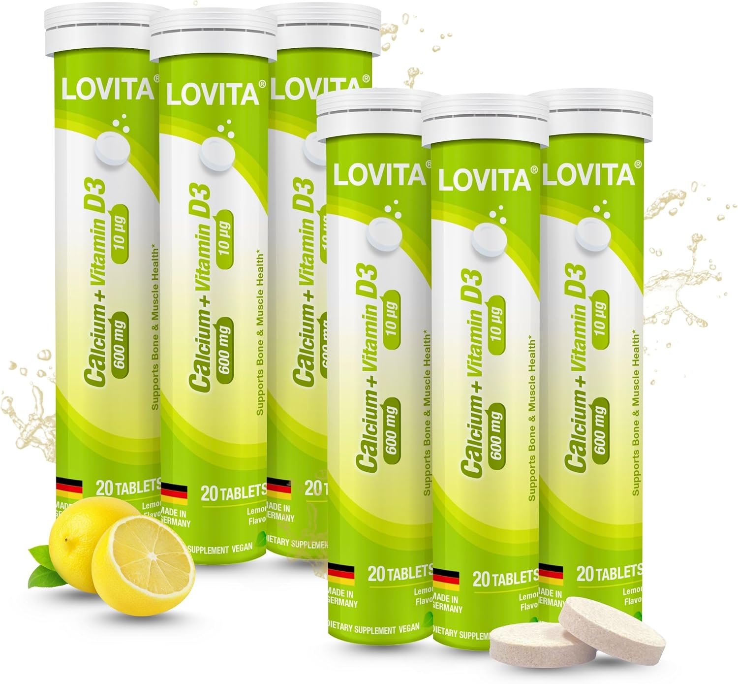 LOVITA Calcium + VIT D3 Effervescent Tablets 20 Count, 600 mg Calcium with 400IU D3, Supports Bone & Muscle Health, Lemon Flavor, Vegan, Gluten-Free, Sugar-Free, Lactose-Free (Pack of 6)