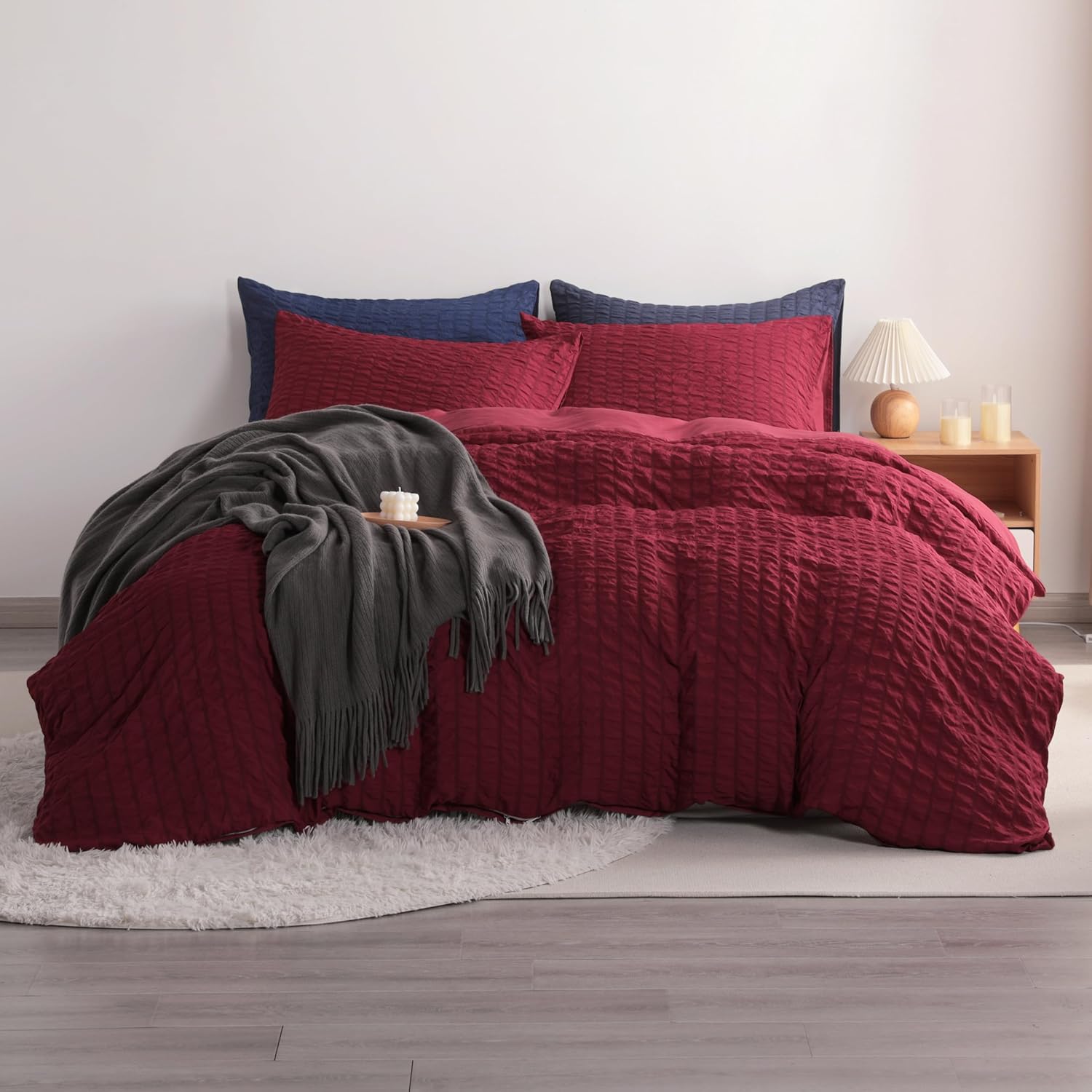 NTBAY 3 Pieces King Duvet Cover Set, Seersucker Textured Stripe Washed Microfiber Comforter Cover with Zipper Closure, 104x90 Inches, Wine Red