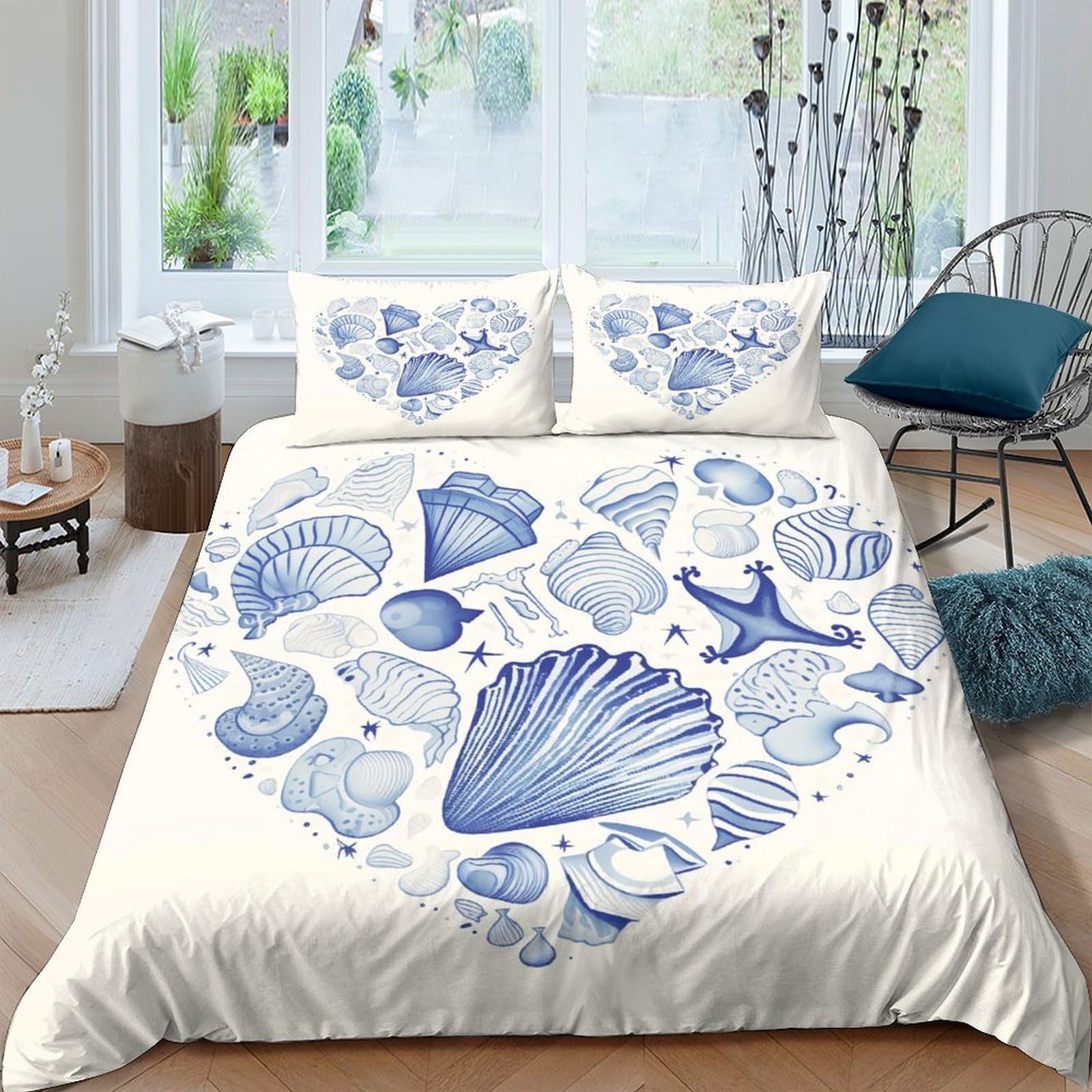 Ctjqhvkz Style-10 3D Printed Blue Seashell Heart Fitted Sheet Microfiber Anti-Slip Bed Cover Washable Coastal Bedroom Decor Mattress Protection Single（135X200cm）