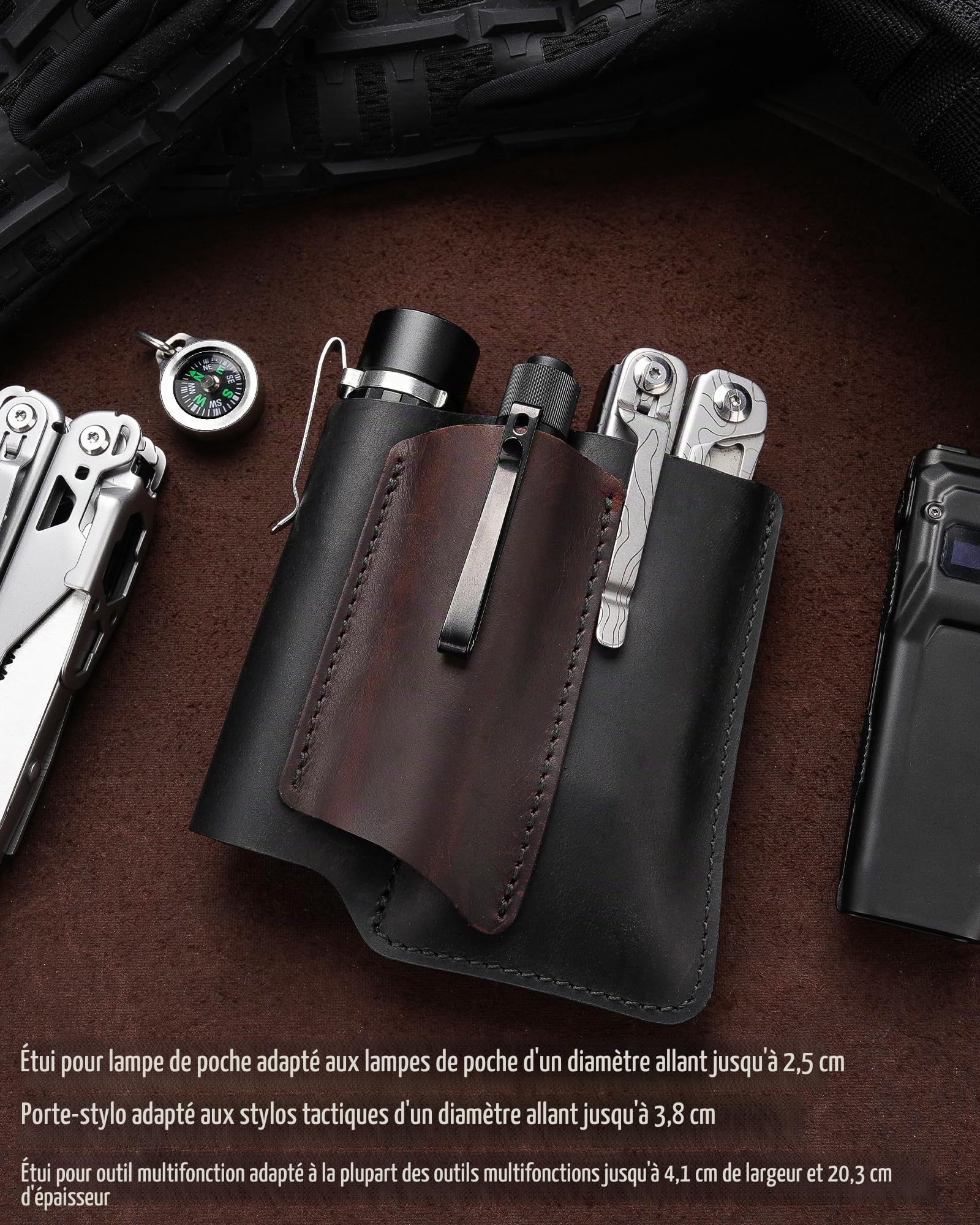 Étui EDC en Cuir VIPERAED PJ38, étui Multifonction en Cuir à 4 Poches, étui EDC Portable pour Homme, Lampe de Poche, Stylo, Couteau de Poche Pliable, Outil Multifonction