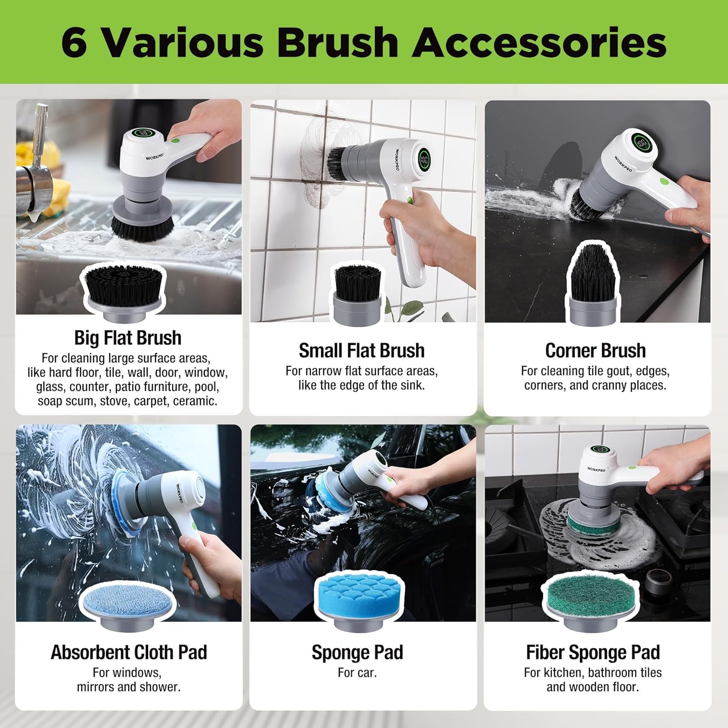 WORKPRO 8V Electric Spin Scrubber, 3-Speed Adjustable Shower Scrubber with 6 Replaceable Brush Heads, IPX6 Waterproof Electric Scrubber for Cleaning Bathroom, Kitchen Sinks, and Windows