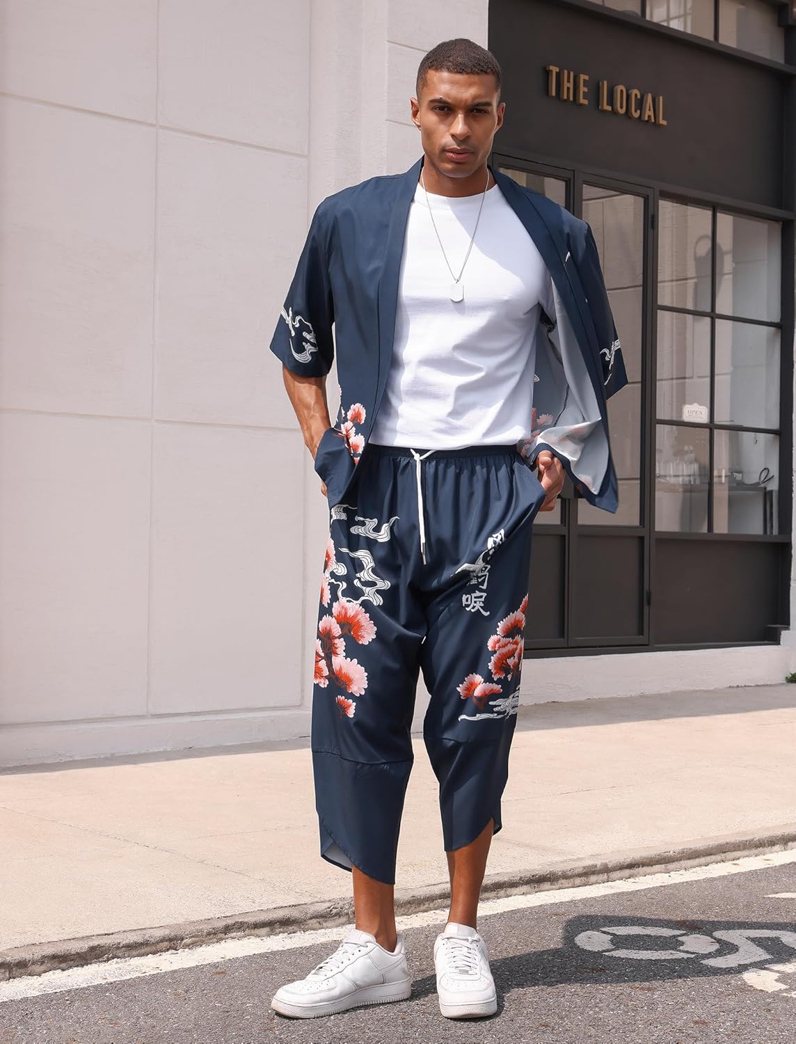 OLEMEK Men's Japanese Kimono Jacket Set Stylish Printed Open Front Cardigan Chinese Style Coat with Shorts Casual Suits