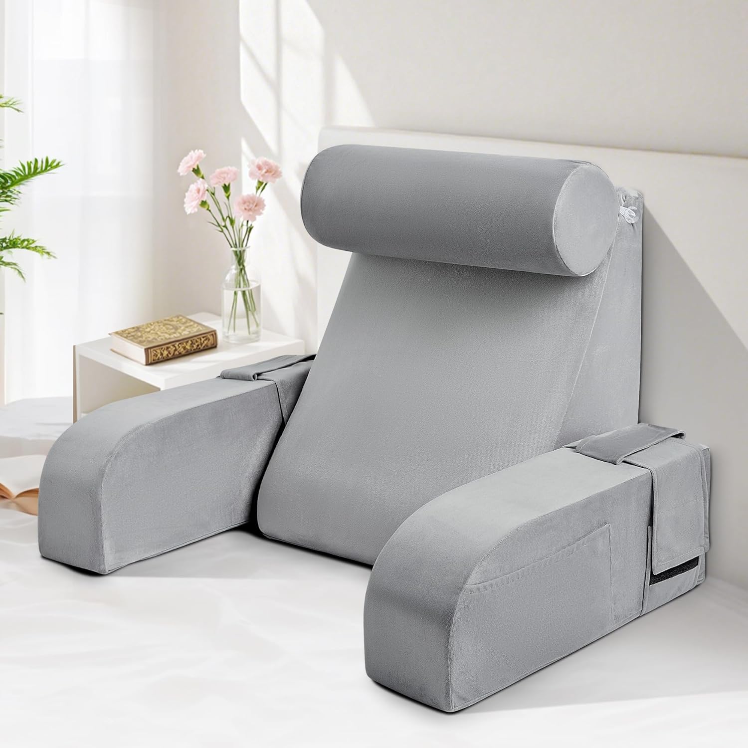 Reading Pillow for Sitting in Bed Adult Multi-Function Grey Back Pillow Bed Chair with Arm Rest Big Pockets, Backrest Support Pillow for Gaming/Resting/TV/Bedrest/Couch/Floor
