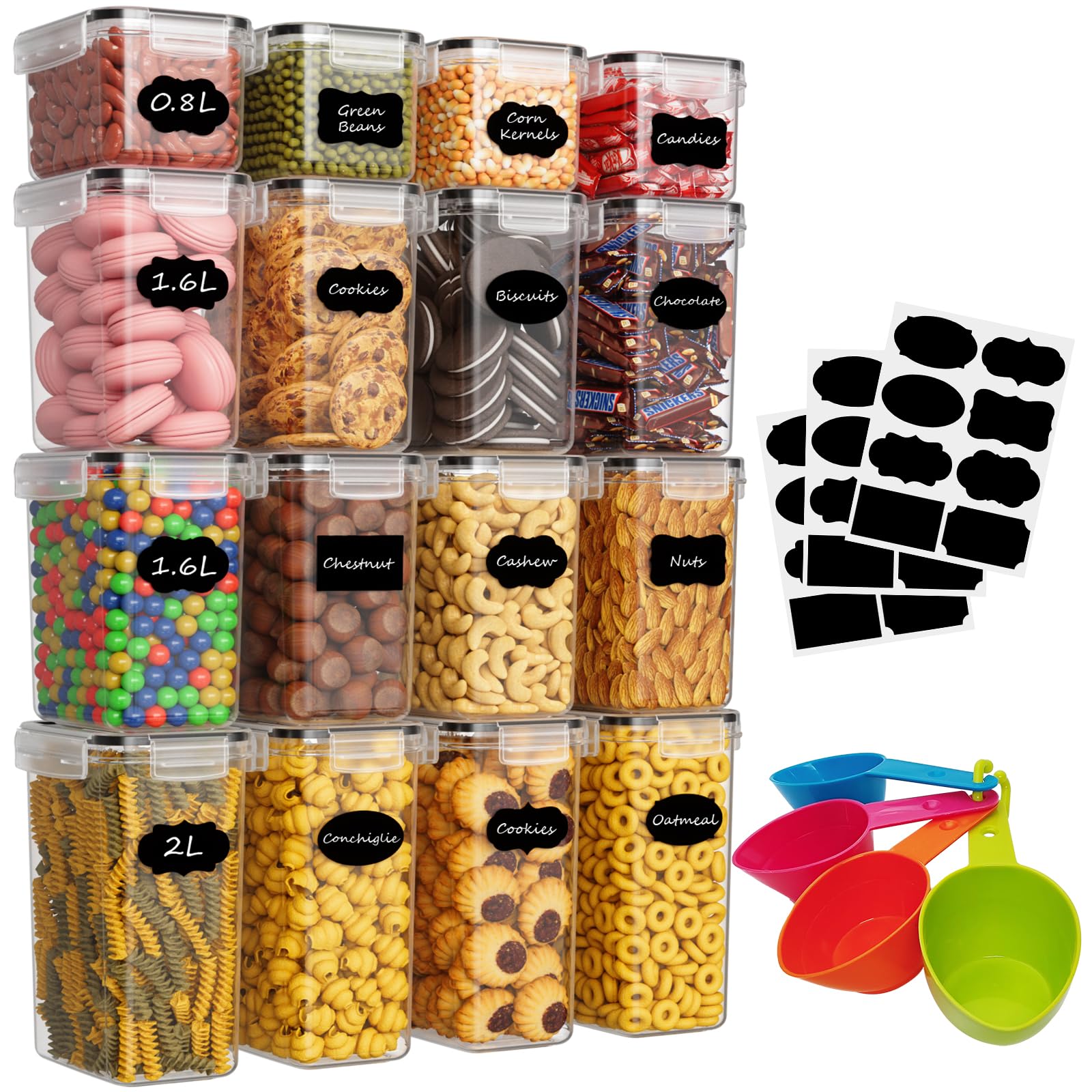 Withosent Vorratsdosen Luftdicht 16er Set, Aufbewahrungsbox Küche mit Deckel aus Plastik, Vorratsbehälter Vorratsdose Organizer für Mehl Müsli Cornflakes(2L 1.6L 0.8L)
