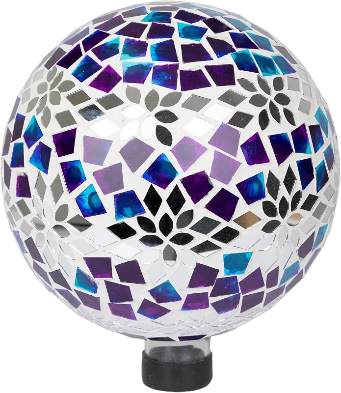 HMD218 Mosaic Gazing Globe with Mirrored Floral Pattern Decoration for Garden, Patio, and Lawn, 12" H