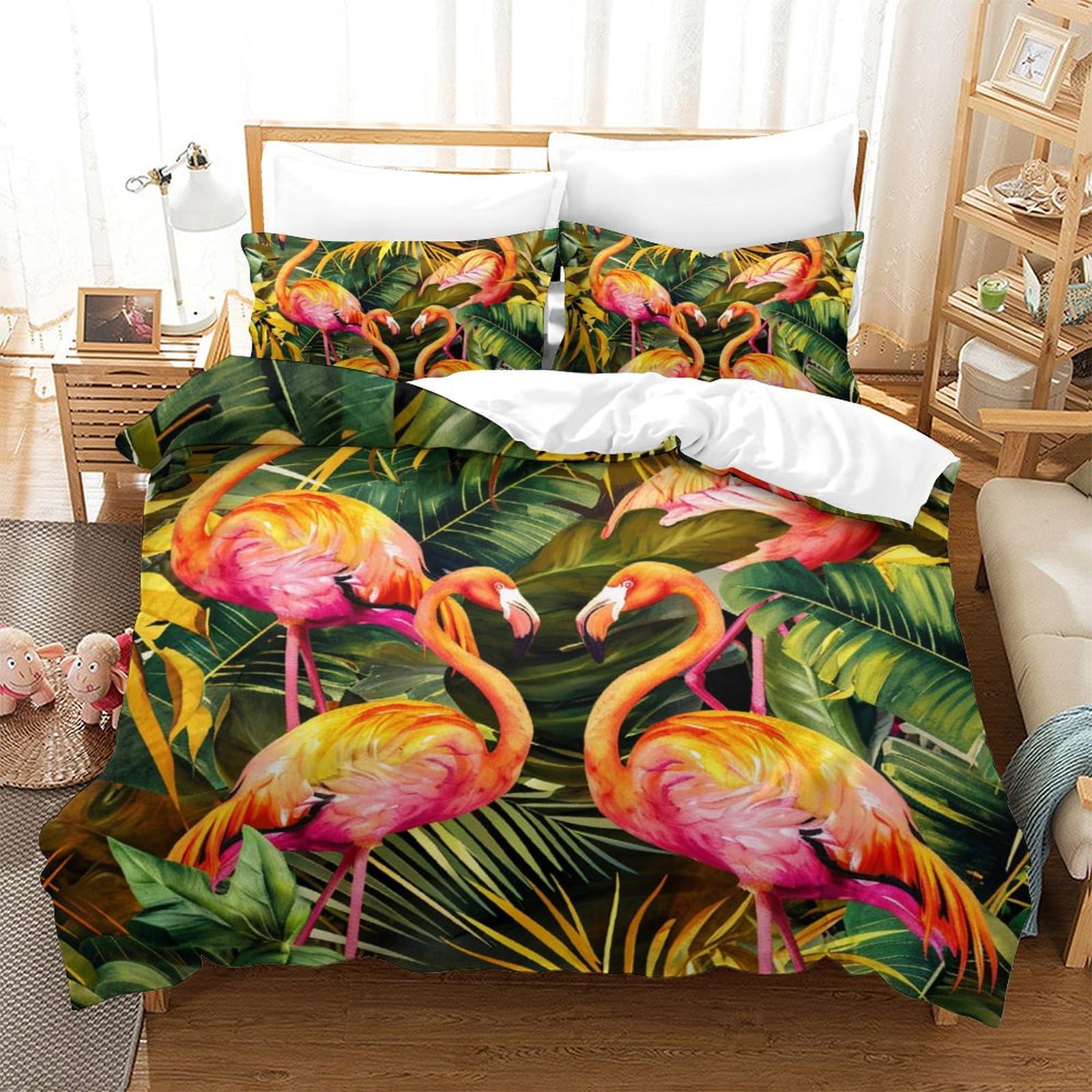 Parure de lit flamant rose 3D 200x200 avec 2 taies d'oreiller
