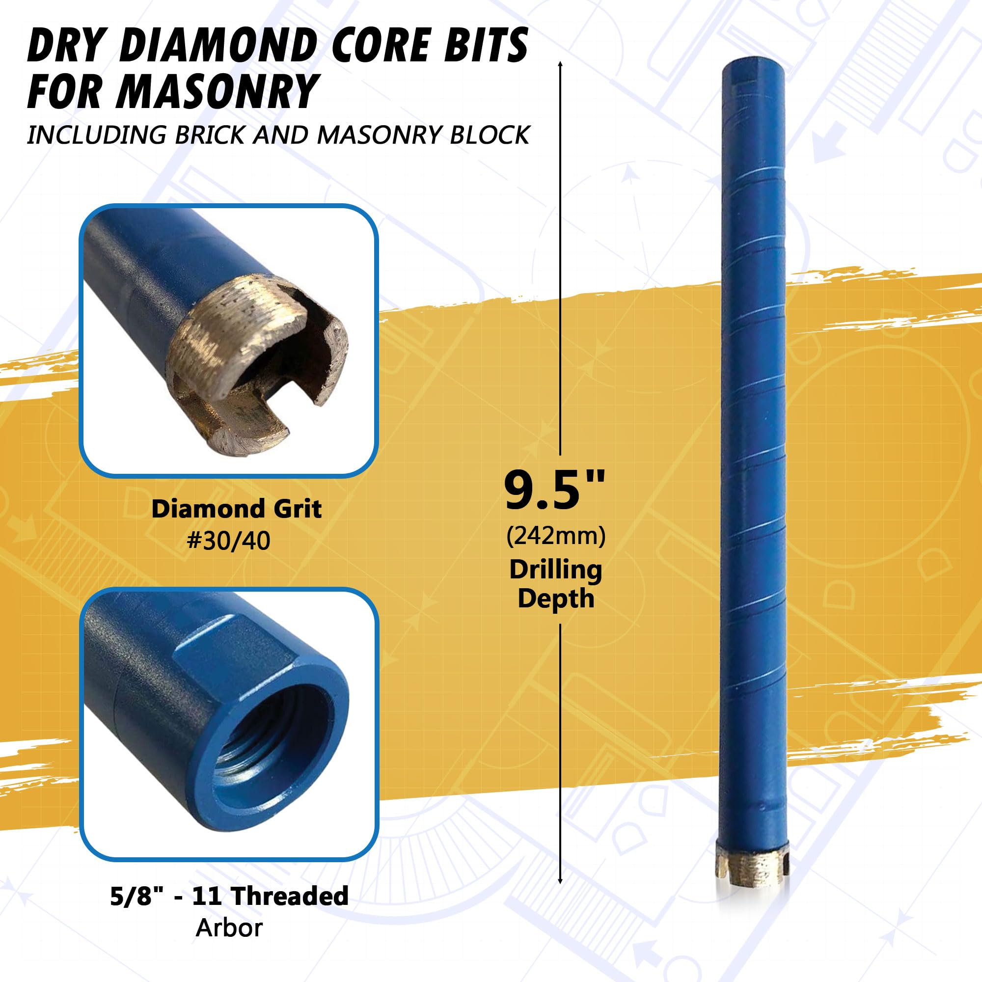 1-1/4 "punte per carotaggio diamantate a secco per mattoni, blocchi o murature, profondità di perforazione 9,5", pergolato 5/8 "-11