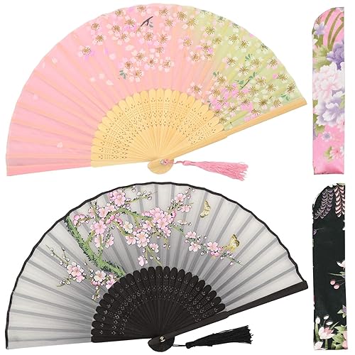 OMyTea Folding Hand Fans for Women - Chinese Japanese Vintage Bamboo Silk Fans - for Hot Flash, EDM, Music Festival, Party, Dance, Performance, Decoration, Wedding, Gift (Pink Sakura & Gray Peach) - Pink Sakura & Gray Peach