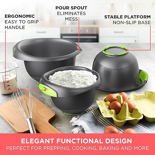 Vista 5 de Mueller - Juego de 3 cuencos para mezclar con parte inferior antideslizante, asas ergonómicas, boquilla para verter, cuencos anidables que ahorran