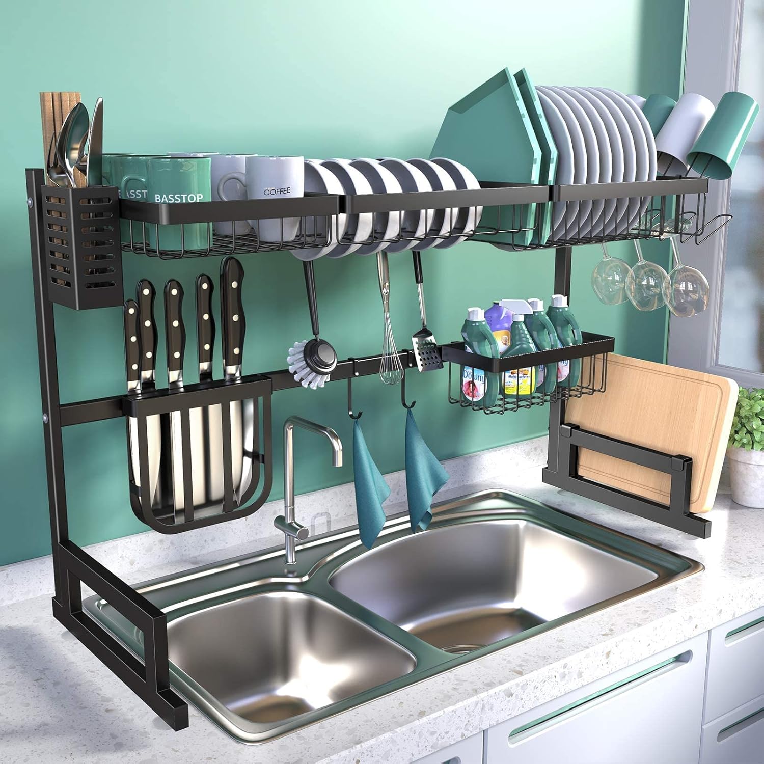 BASSTOP Over The Sink Dish Drying Rack, 2-Tier Dish Rack Width Adjustable Dish Drainer for Kitchen Organization Storage Shelf Dish Dryer Rack Utensils Holder for Countertop with 5 Utility Hooks -