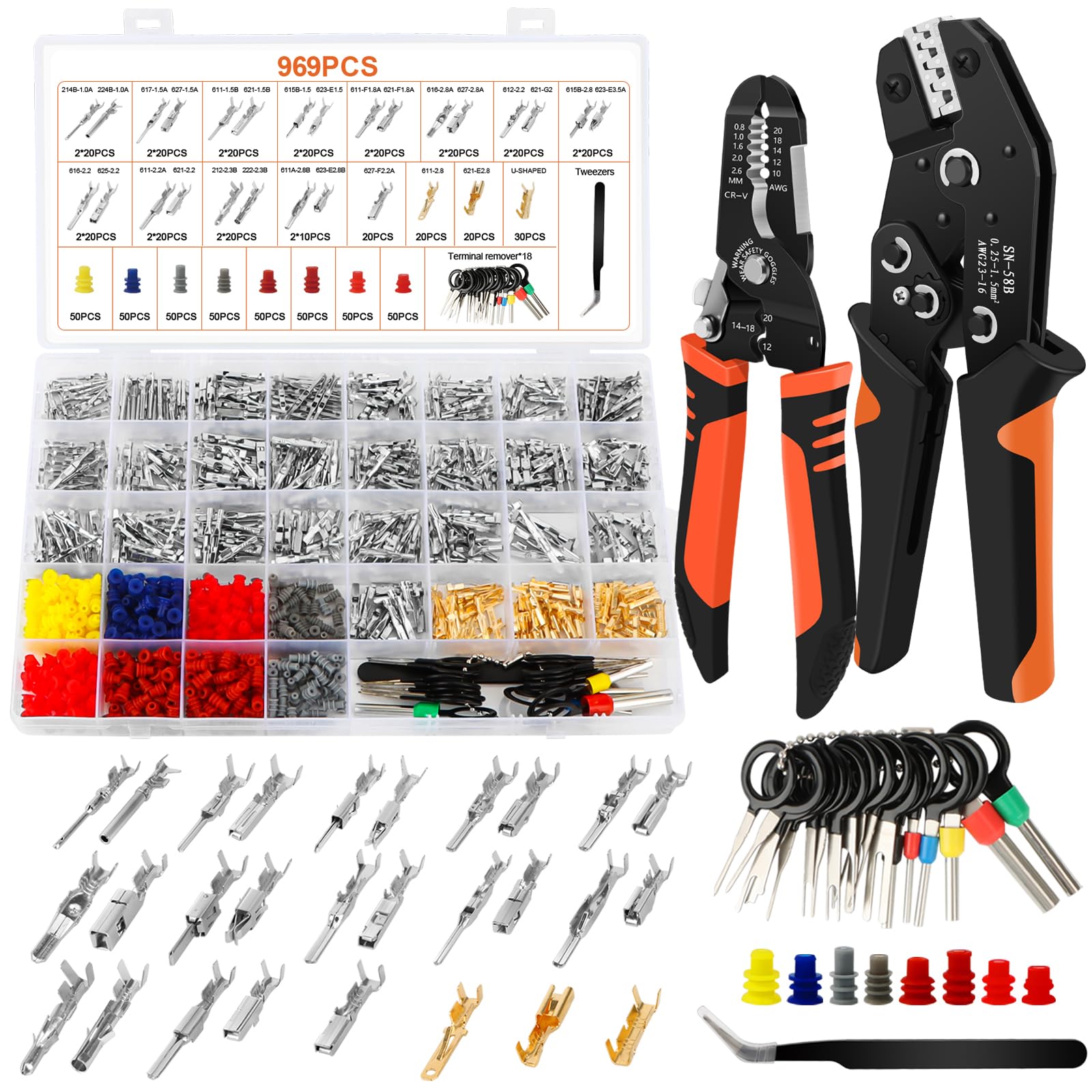 Kit connettori elettrici per auto 971 pezzi con crimpatrice SN-58B e spelafili, terminali 1,0–3,5 mm, tappi di tenuta e strumenti di estrazione