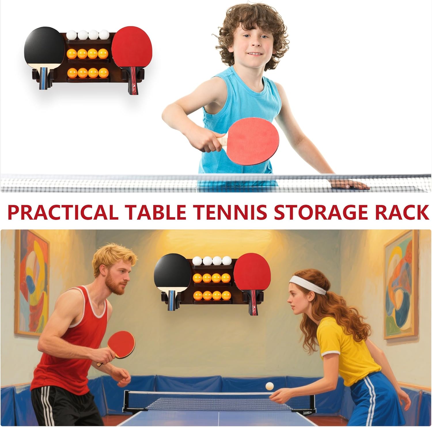 Ping Pong Paddle Holder, Ping Pong Paddle Storage Rack Wall Mounted Holds 8 Paddles and 12 Balls, Table Tennis Racket Display Organizer for Game Room,Home