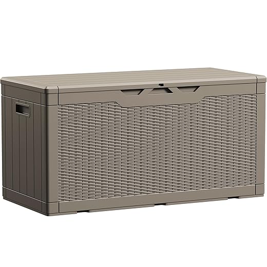 Devoko 100 Gallon Waterproof Large Resin Deck Box Indoor Outdoor Lockable Storage Container for Patio Furniture Cushions Garden Tools (100 Gallon, Light Brown)