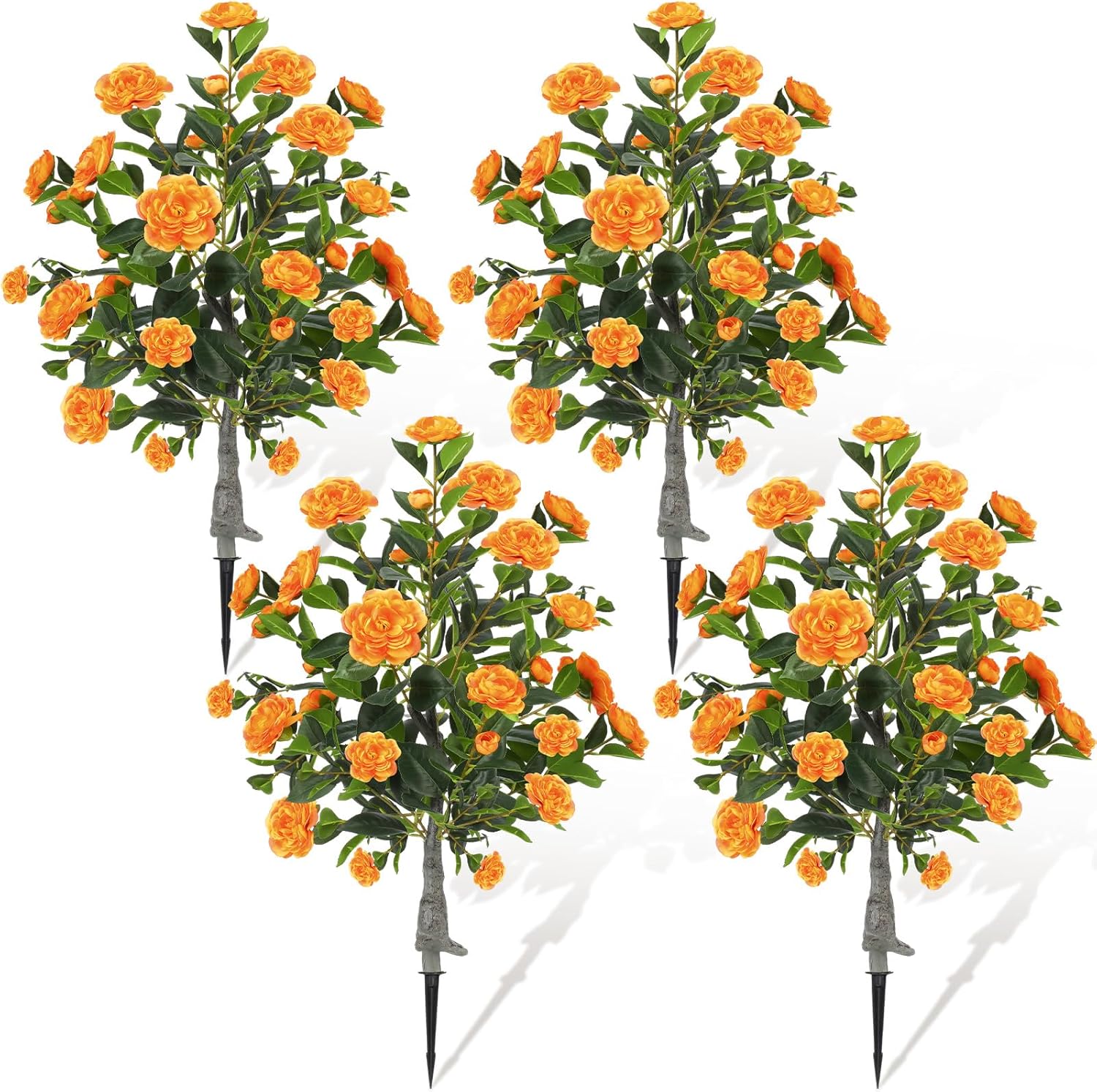 4 Pack 36" Artificial Camellia Flower Tree 3ft Outdoor Fake Flower Plant with Spike UV Resistant Faux Floral Blooming Bush for Front Door Porch Garden Indoor Patio Decor(Orange)