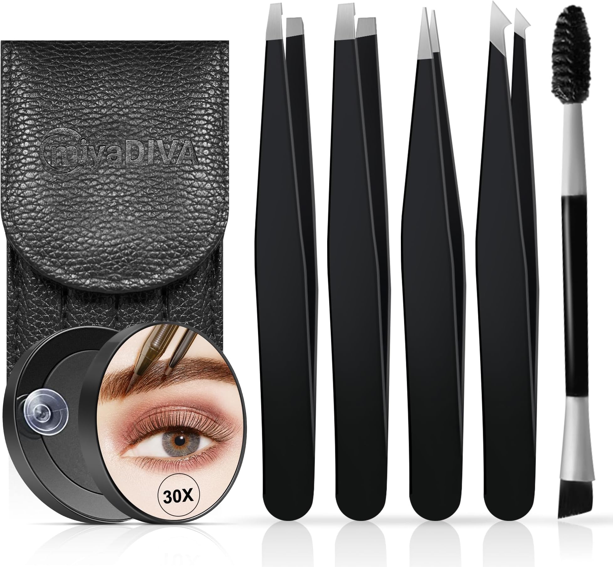 Tweezers for Women Facial Hair, Professional Stainless Steel Tweezer Set with 30X Magnifying Mirror for Precise Removal of Eyebrows, Facial Hair and Ingrown Hair, Travel Tweezers Set 6 Pcs
