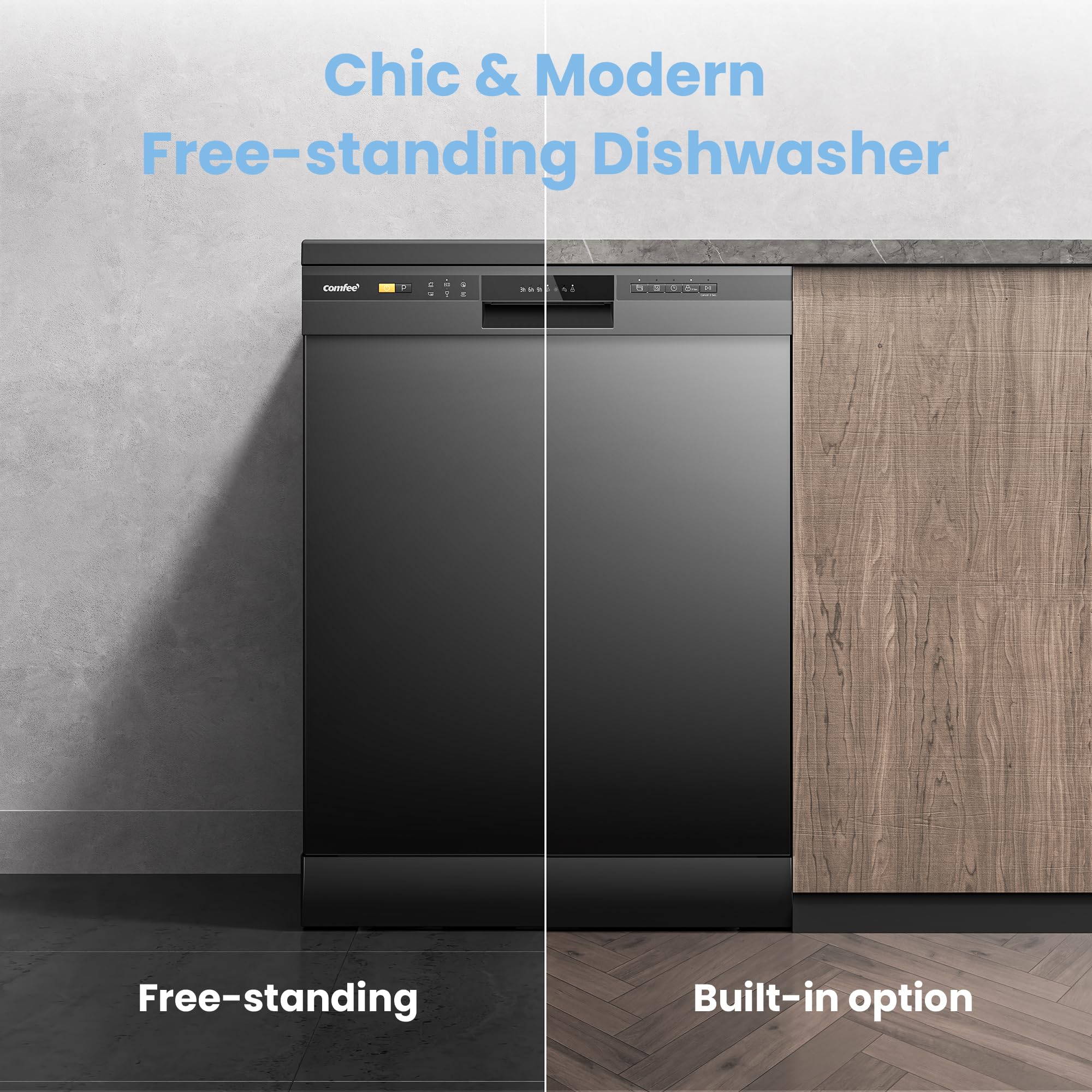 COMFEE' Dishwasher Freestanding with 13 Place Settings, New Upgraded Full Size Dishwasher 60cm Width, CDWPF1301PBD-UK, Auto Door Open Drying, Quick Wash, Hygiene Wash, Delay Start, Half Load -Black — view 6