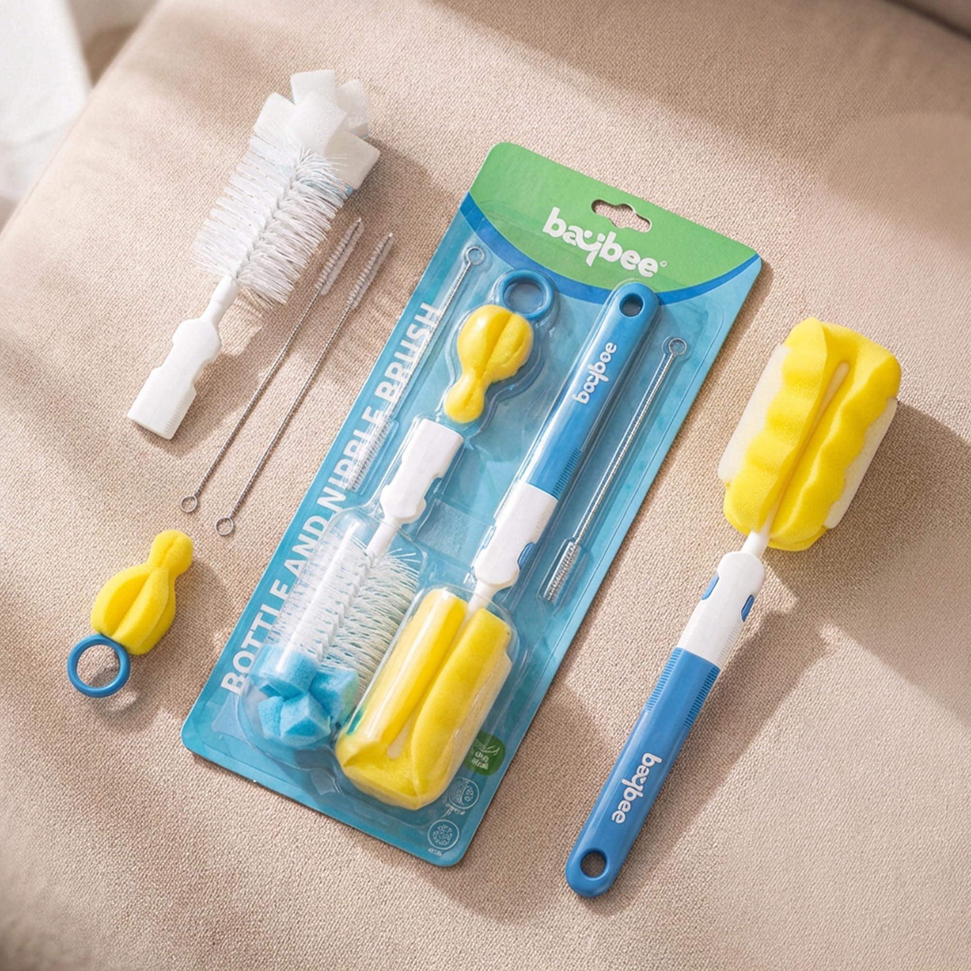 Baybee 4Pc Combo Baby Bottle Cleaner Set | BPA-Free 360° Rotatable Nylon Bristles for Nipple, Straw, Vase, Glass & Feeding Bottle Cleaning Brush | Anti Slip Handle, Easy to Clean Wide Corner (Blue)-image-47