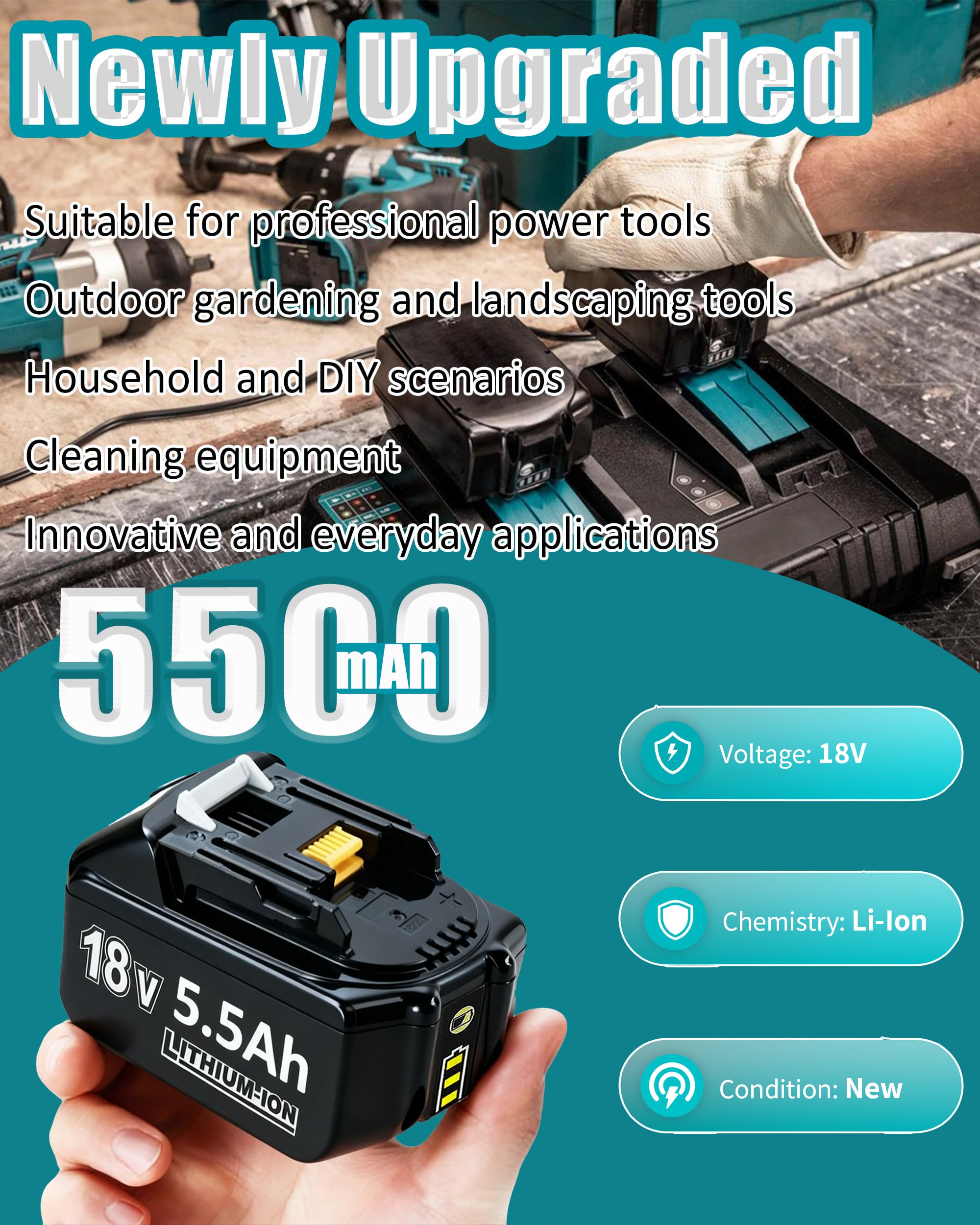 2X 18V 5.5Ah/5500mAh Ersatzakku für makita Kompatibel BL1860B BL1850B BL1840 BL1830 BL1815 BL1845 BL1890 BL1415 BL1430 BL1440 BL1835 194205-3 LXT-400 with LED Werkzeugakku.