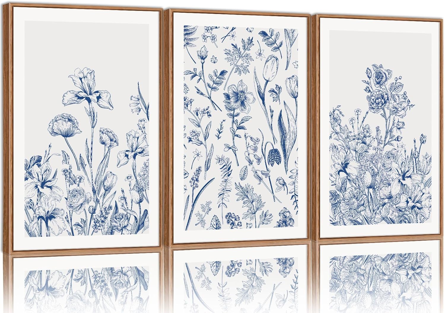 SIGNINART Classic Chinoiserie Framed Canvas Wall Art Set, Blue and White Floral Art Painting, Minimalist Botanical Flower Artwork, Navy Blue Wall Decor for Bedroom, Living Room, Office 16"x24"x3