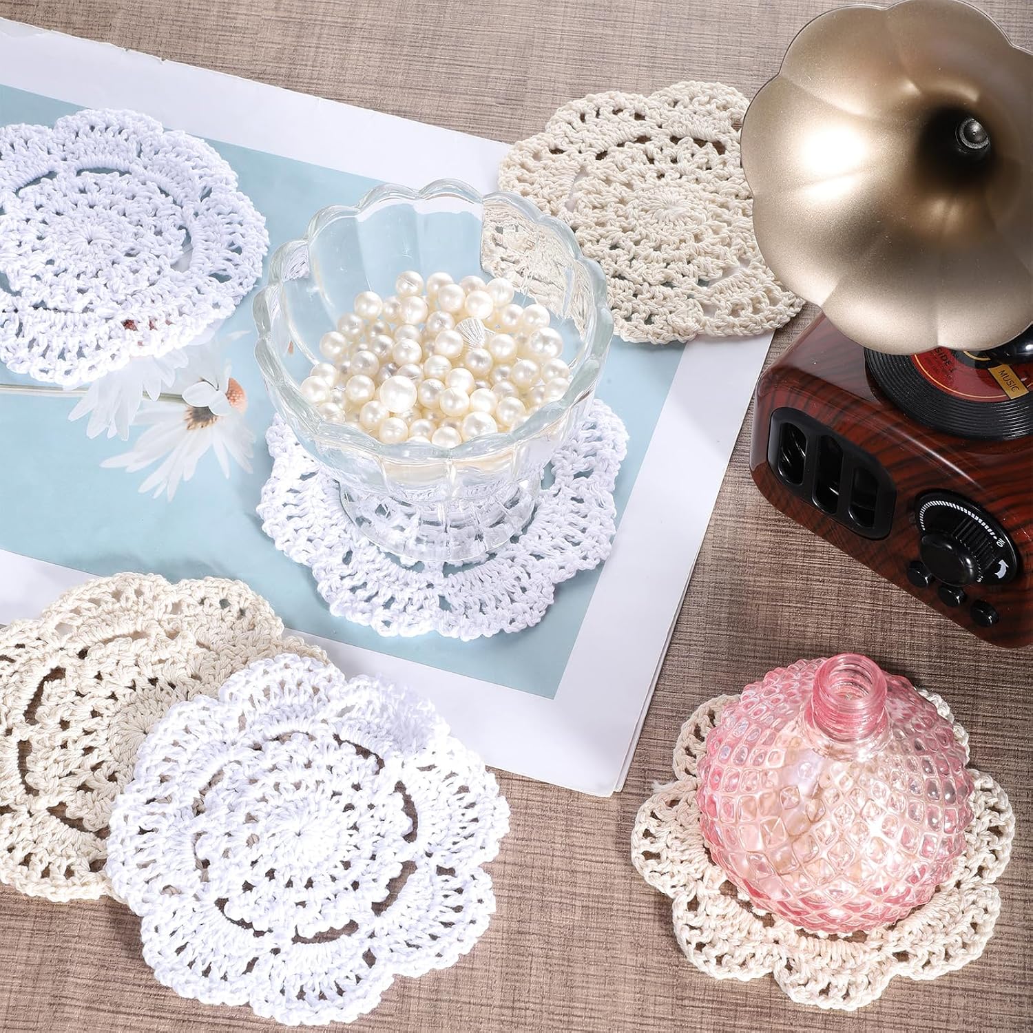 JJUNW 12 PCS Crochet Doilies, 4 Inch Round Lace Placemats for Cup Coasters