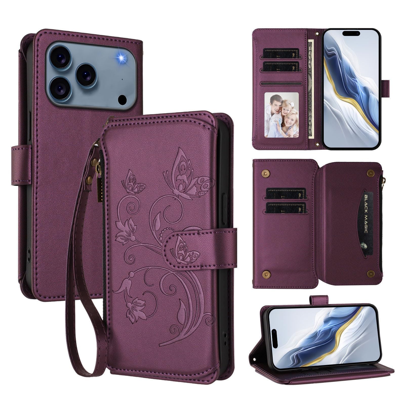 Étui iPhone 17 Pro Max violet foncé portefeuille en cuir à rabat