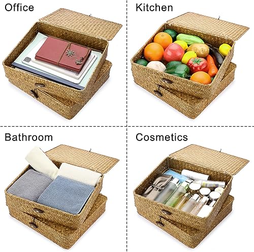 Miniatura 7 de BTSKY Paquete de 2 cestas de mimbre con tapas, contenedores de almacenamiento tejidos planos para organizar estantes, cestas de almacenamiento de