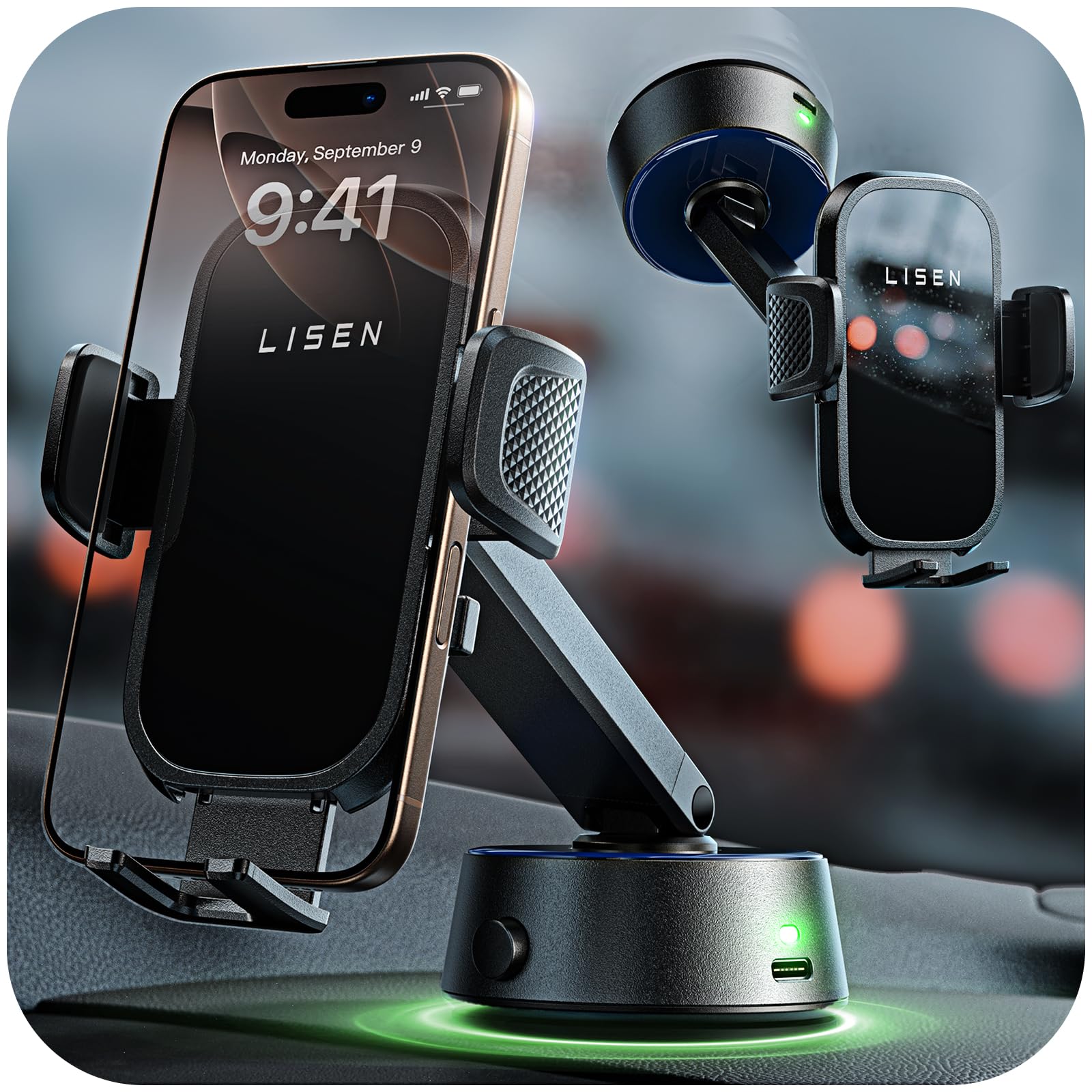 LISEN Soporte Movil Coche, Eléctrico Soporte Movil Coche Ventosa, 0.1s de Funcionamiento para Parabrisas/Salpicadero, Compatible con Android, iPhone, Todos los Smartphones y Fundas