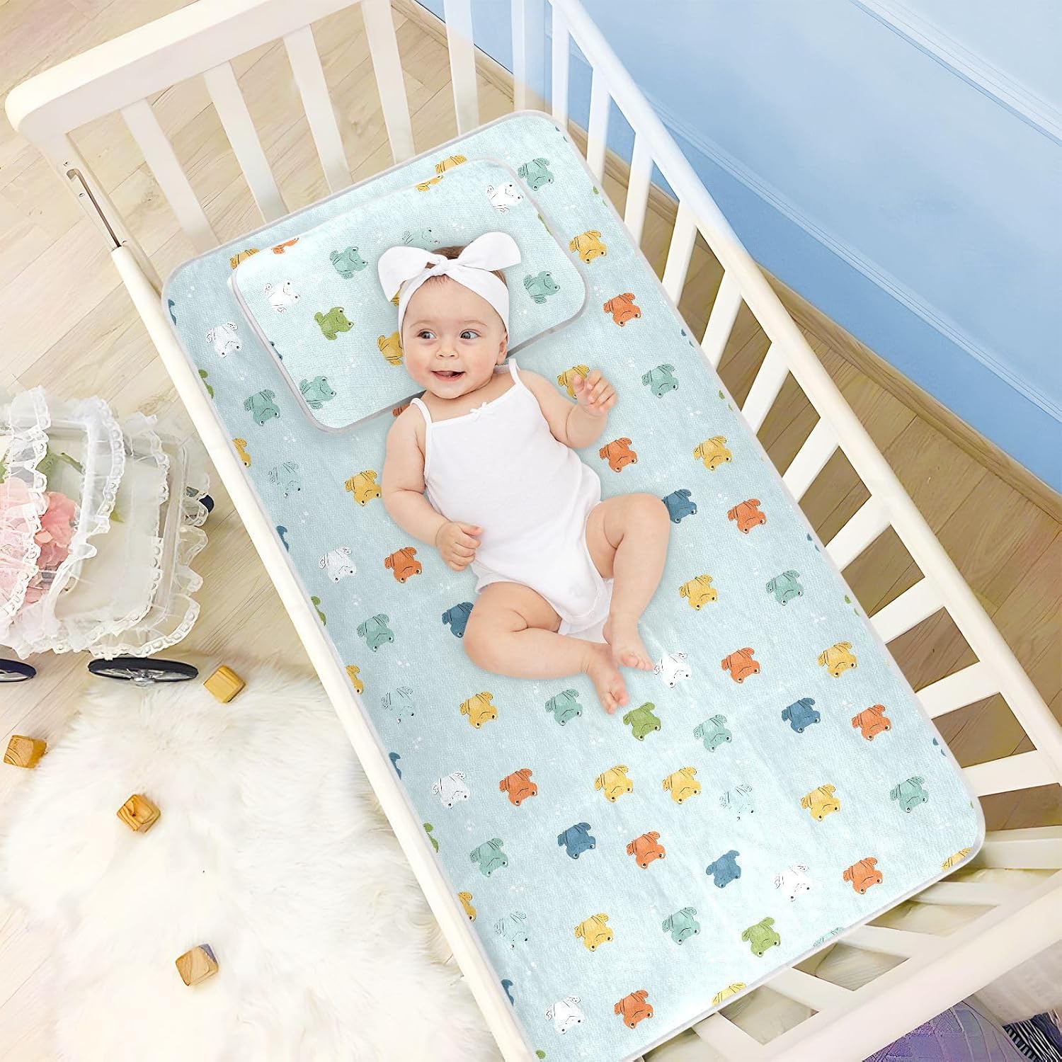 Cute Cartoon Sea Frog Aqua cooling baby mattress protector 28" x 52" absorbent crib padding for sides for kids, adult