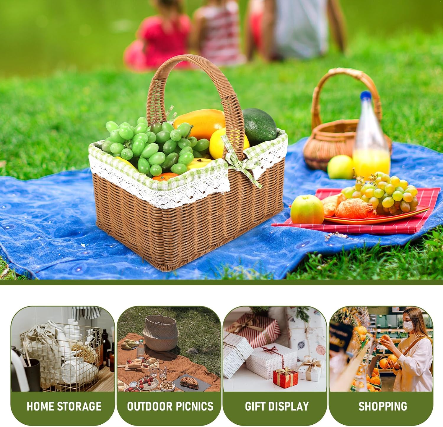 Woven Picnic Basket with Handle Small Outdoor Handwoven Storage Basket for Convenient Fruit and Vegetable Carrying