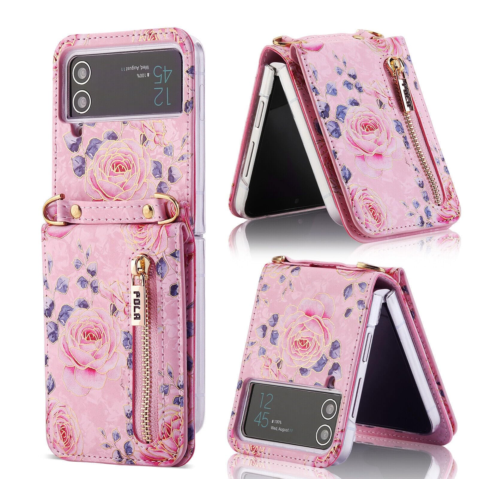 Generic Custodia compatibile con Samsung Galaxy Z Flip 3 (colore: rosa) motivo floreale portafoglio in pelle slot per carte di credito custodia flip con tracolla