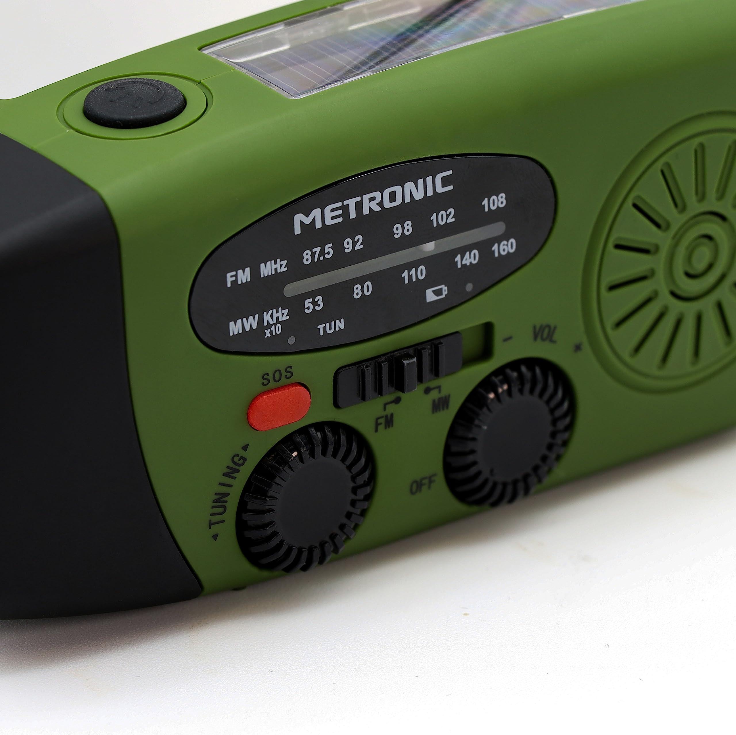 Metronic Radio FM Przenośne Solarne Ładowanie 2000mAh Dynamo - Stanowisko z przyciskiem SOS Awaryjne - Funkcja Latarki LED - Zielony i czarny - 477216