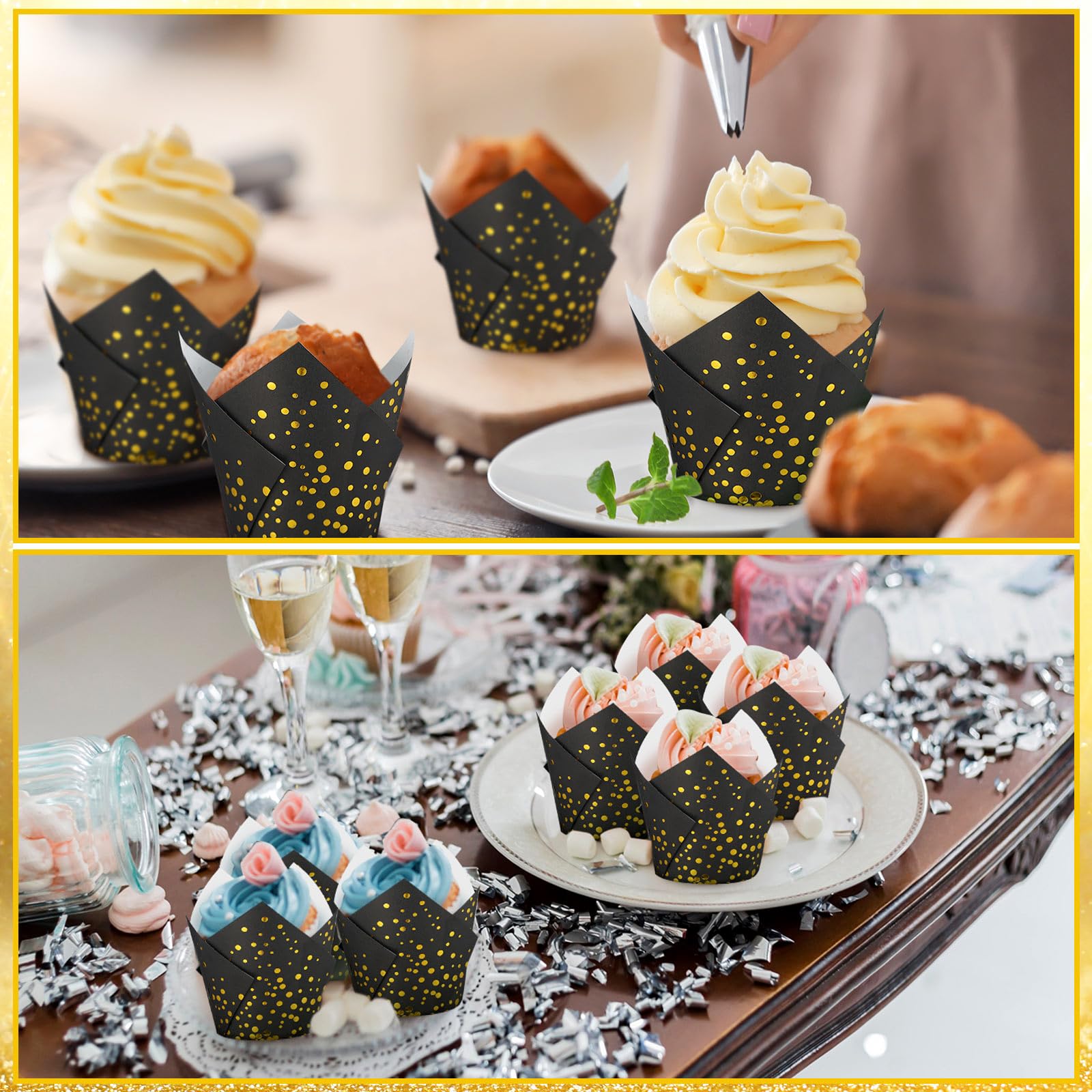 Gerrii 200 moldes de papel para cupcakes de tulipán, envoltorios para cupcakes, fiestas de té, mini bandejas para magdalenas, bodas, fiestas de novia, baby shower, decoración (lunares dorados negros)